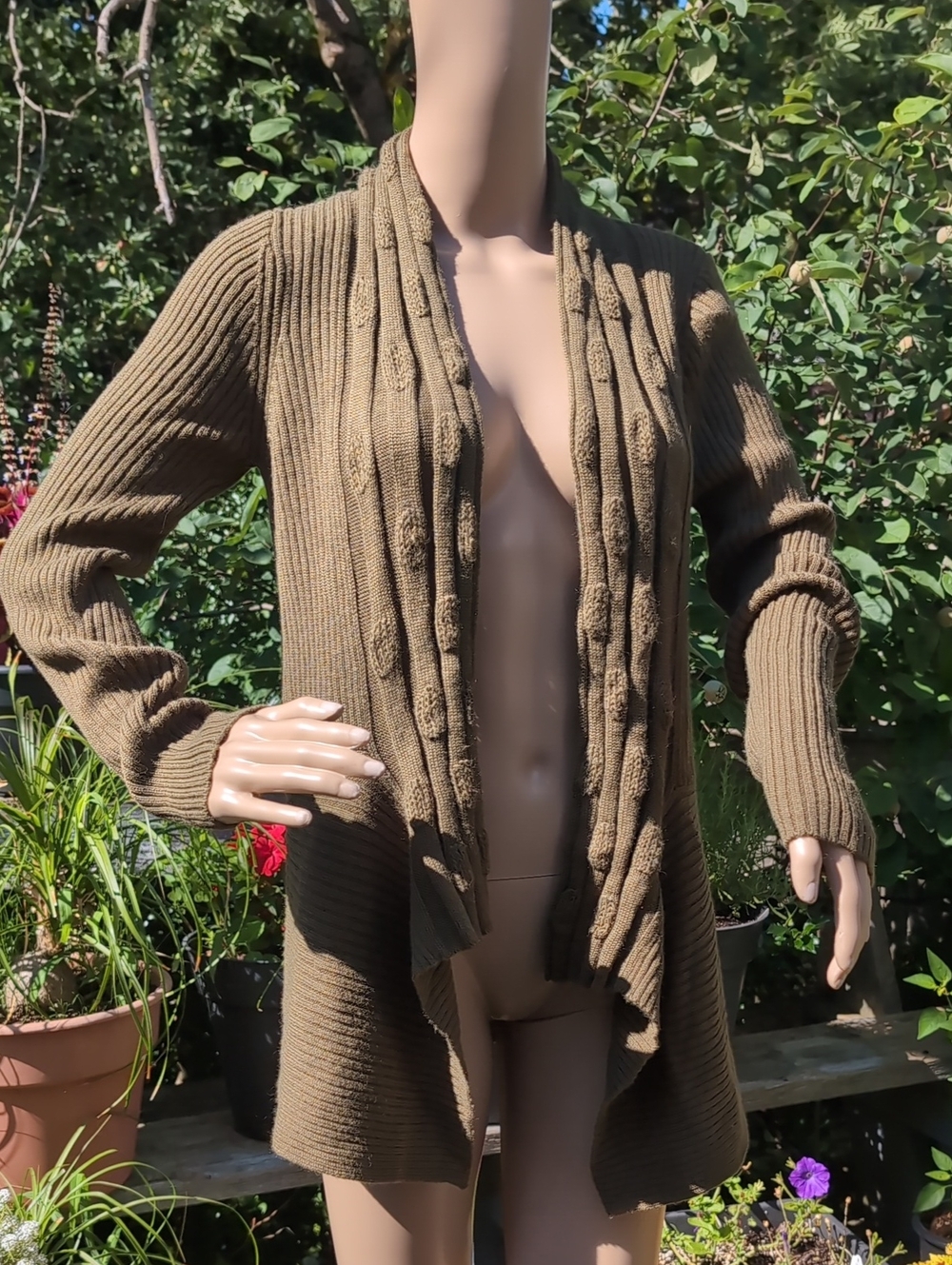Open-Front Wool Blend Knit Cardigan Sweater - Brownish Green Medium